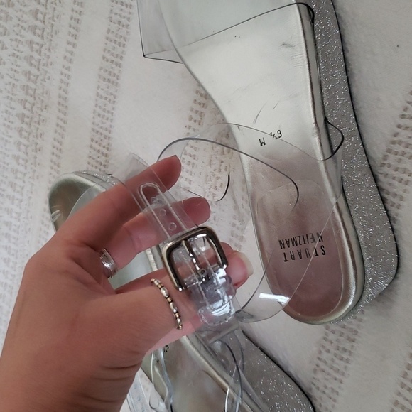 Stuart Weitzman silver glitter platform clear ankle strap occasion shoes, 6.5 - Picture 8 of 8